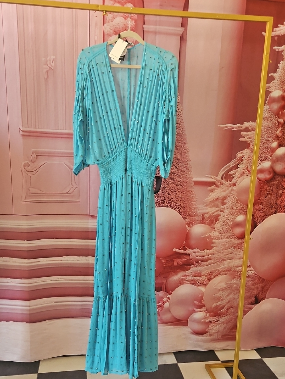 Retrofete Turquoise V-Neck Maxi Dress with Smocked Waist Detail